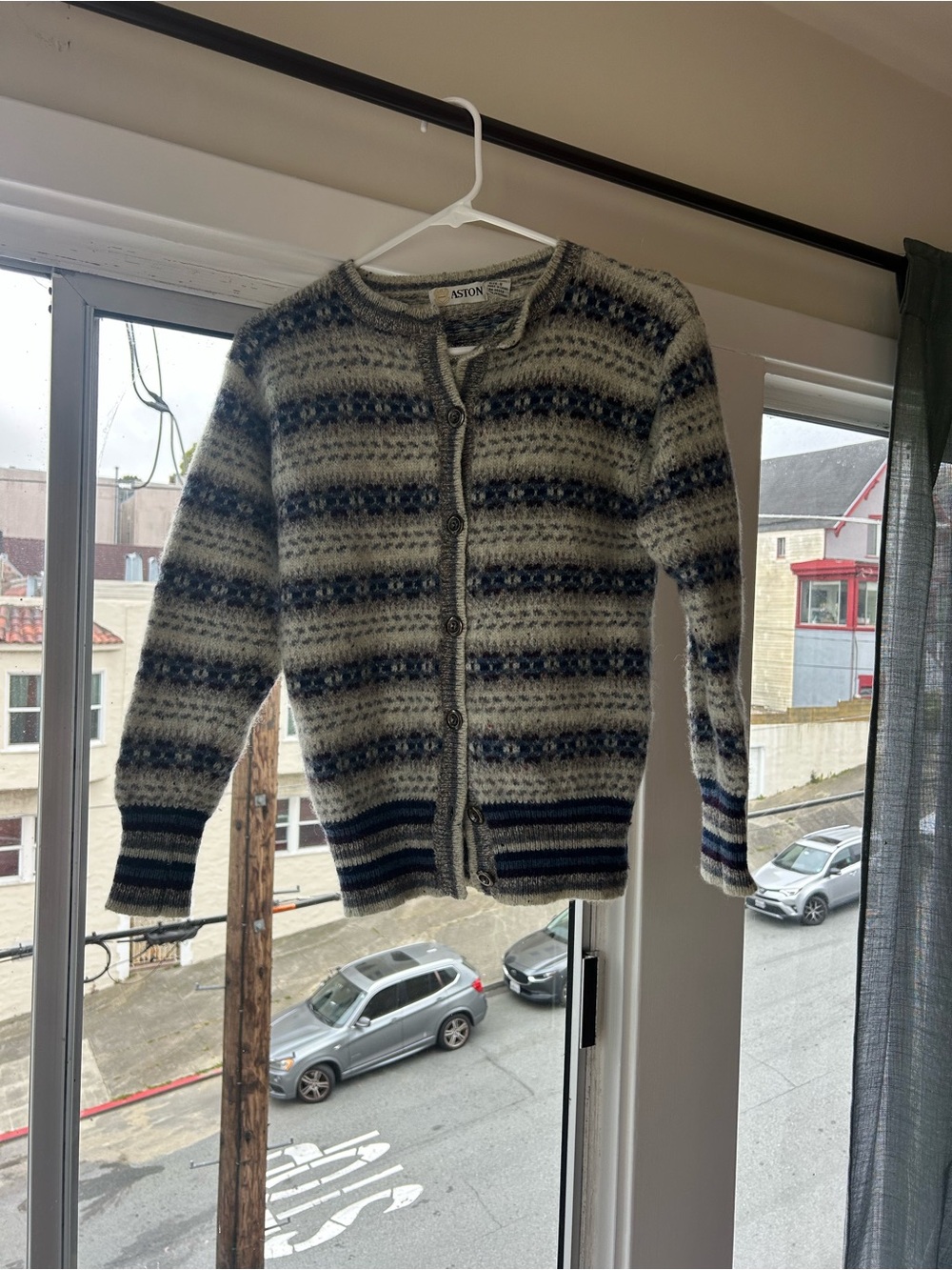 Aston women’s Blue and Gray Striped Button-Front Sweater